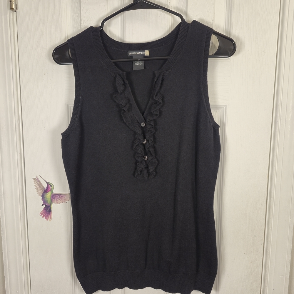 Sweater Works Black Knit Top Vest Ruffle V Neck Sleeveless Y2K Vintage Coquette